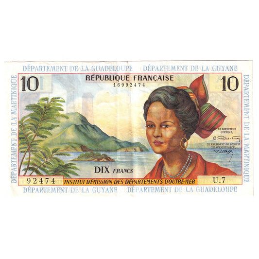French Antilles Pick #8b 1964 10-franc Note Extra Fine (EF40) Tear