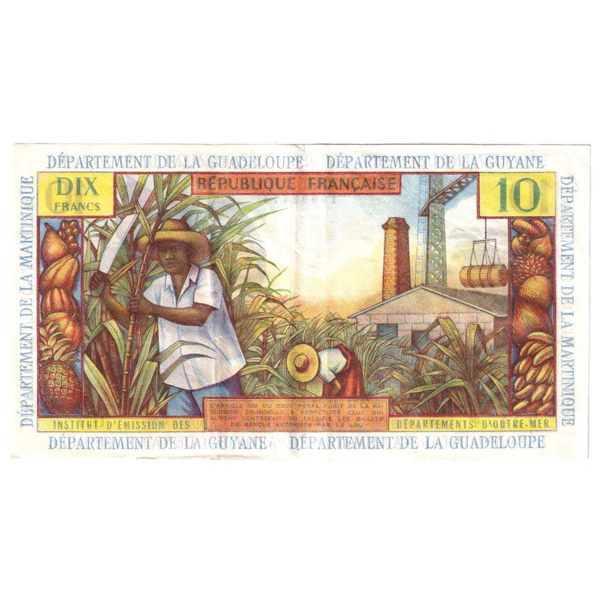 French Antilles Pick #8b 1964 10-franc Note Extra Fine (EF40) Tear