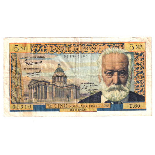 France Note Pick #141a 1962 5 Nouveaux Francs, Very Fine (VF20) Holes