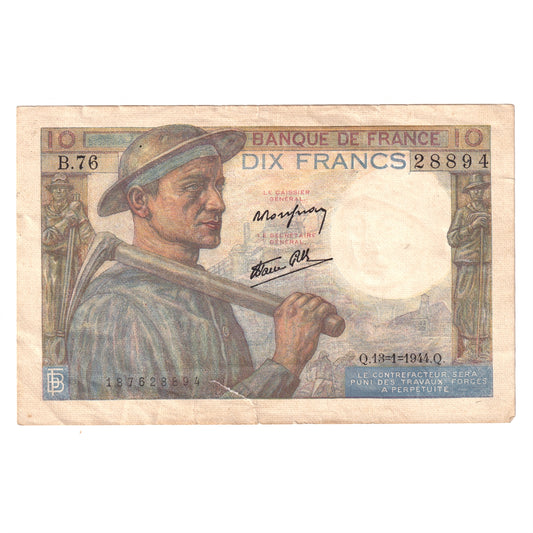 France Note Pick #99e 1944 10 Francs, Almost Uncirculated (AU50) Tears