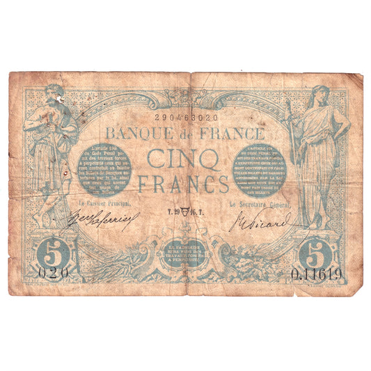 France Note, Pick #70 1912-1917 5 Francs, Fine (F12) Damaged