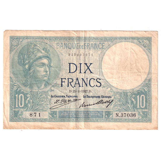 France Note, Pick #73d 1927 10 Francs, Very Fine (VF20) Damaged