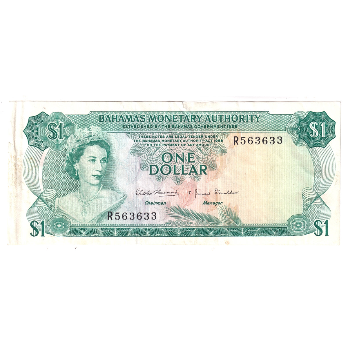 Bahamas Note, Pick #27a 1968 1 Dollar, Extra Fine (EF-40) Tear
