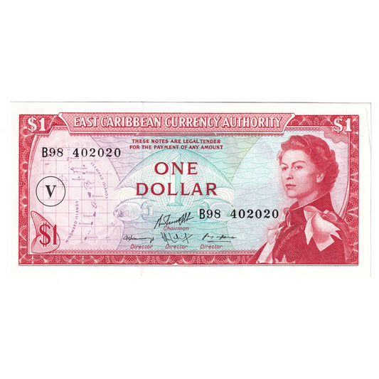 East Caribbean States Note, Pick #13o 1965 1 Dollar, &quotV&quot; Overprint, AU (AU-50) Tear