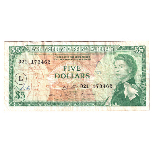 East Caribbean States Note, Pick #14m 1965 5 Dollars, &quot;L&quot; Overprint, VF (Damaged)