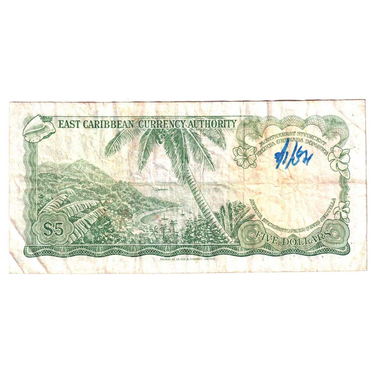 East Caribbean States Note, Pick #14m 1965 5 Dollars, &quot;L&quot; Overprint, VF (Damaged)