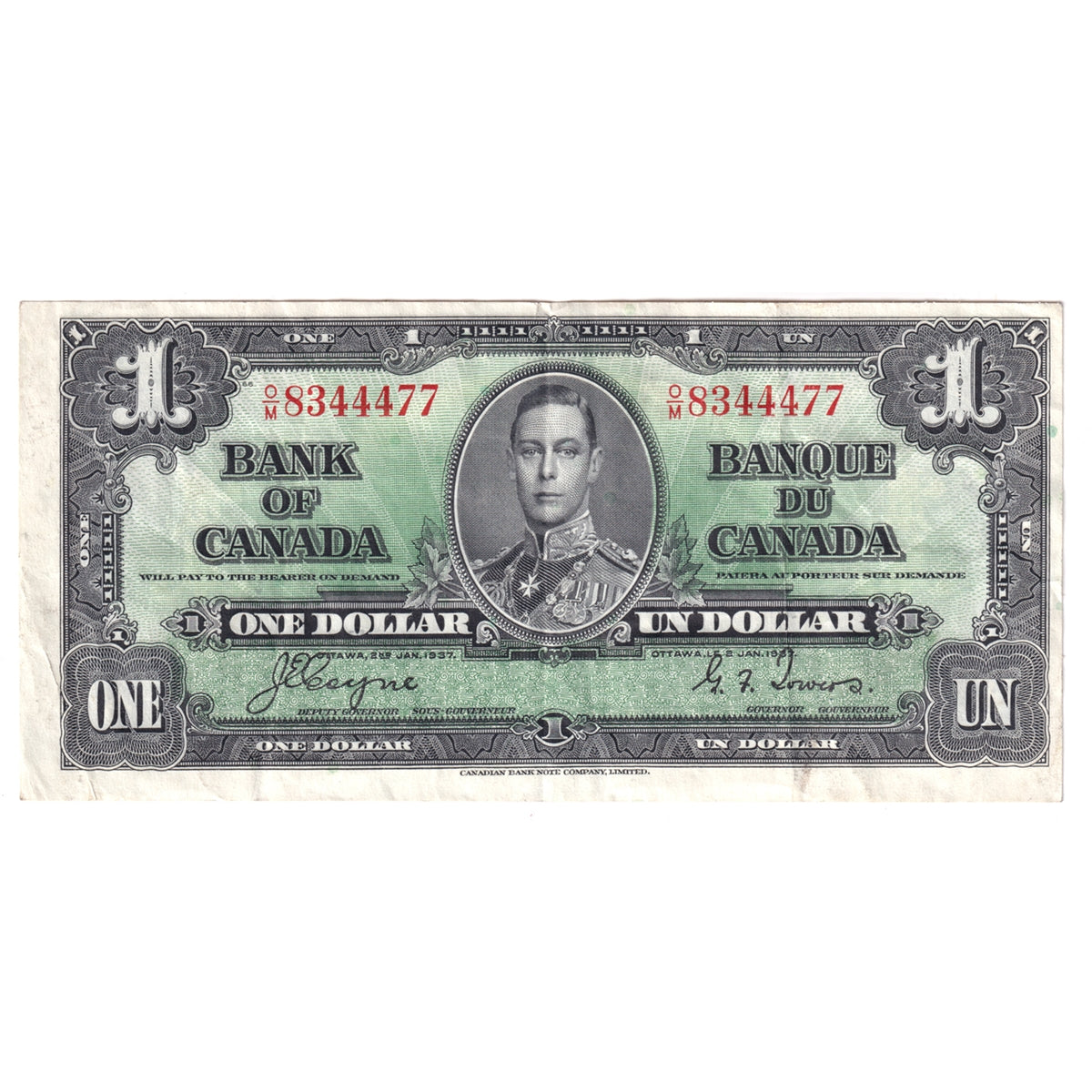 BC-21d 1937 Canada $1 Note, Coyne-Towers, Various Prefixes, VF-EF (VF30) Impaired