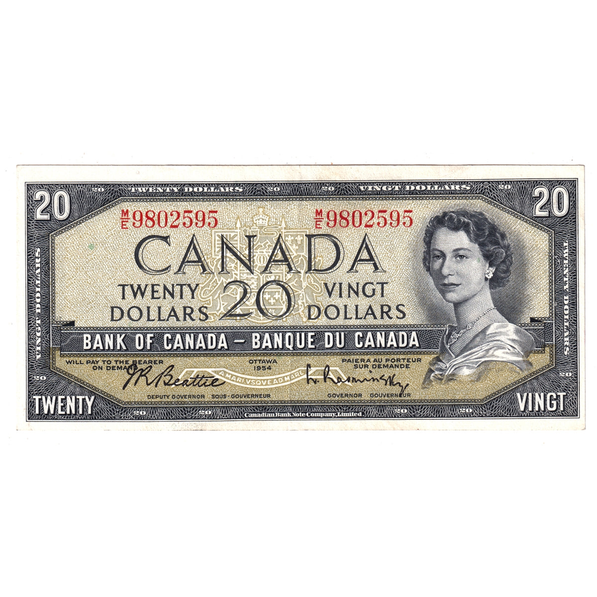BC-41b 1954 Canada $20 Note, EF-AU (EF45) Holes, Tears or Impaired