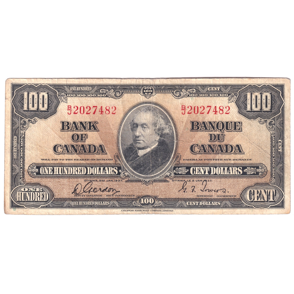 BC-27b 1937 Canada $100 Gordon-Towers, B/J, Fine (F12) Stain, Writing  or damaged