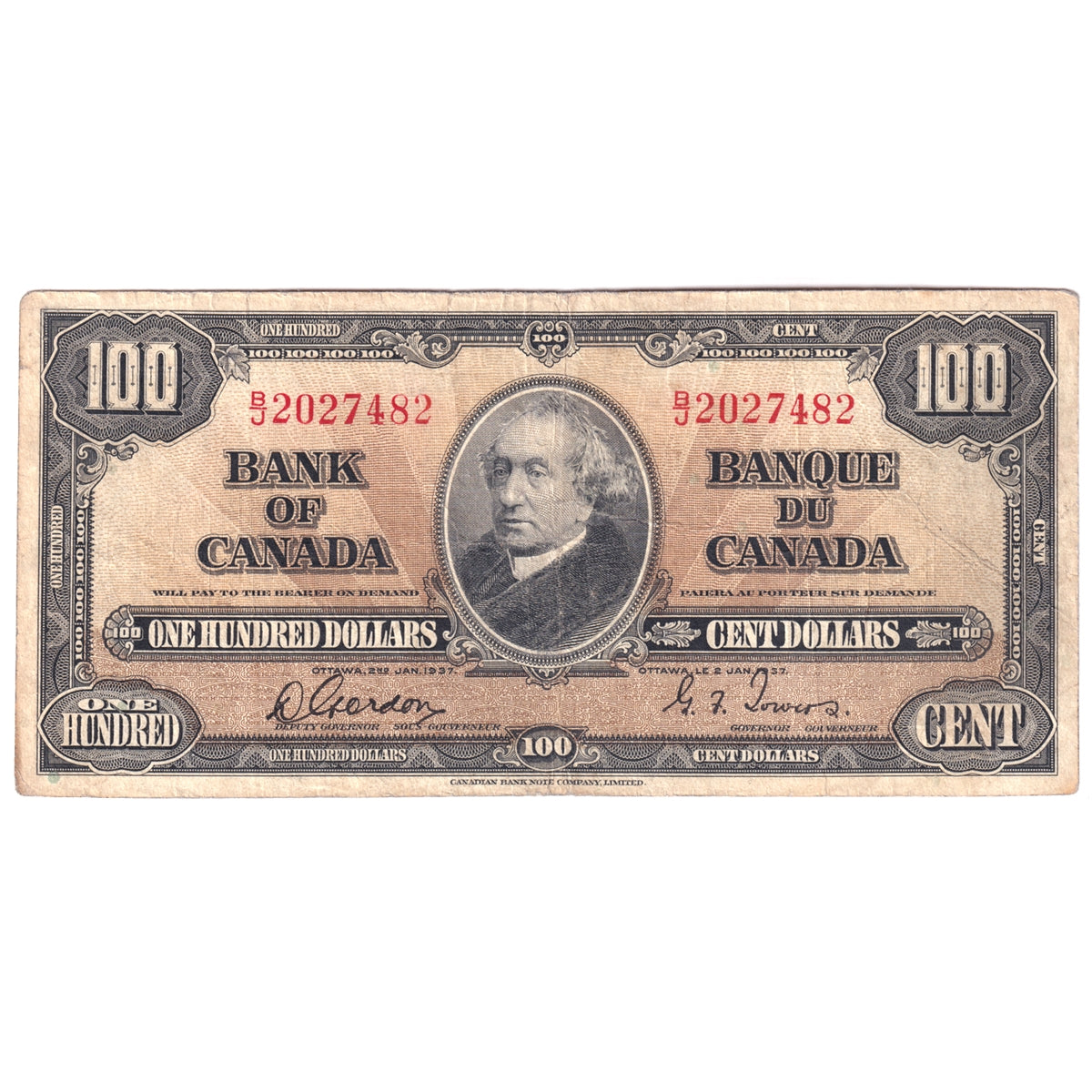BC-27b 1937 Canada $100 Gordon-Towers, B/J, Fine (F12) Stain, Writing  or damaged