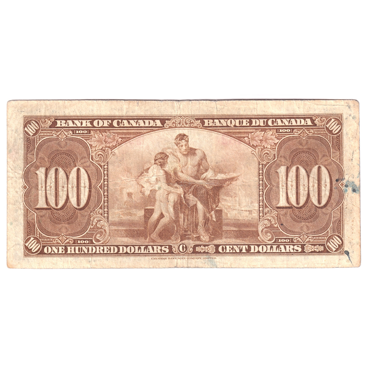 BC-27b 1937 Canada $100 Gordon-Towers, B/J, Fine (F12) Stain, Writing  or damaged