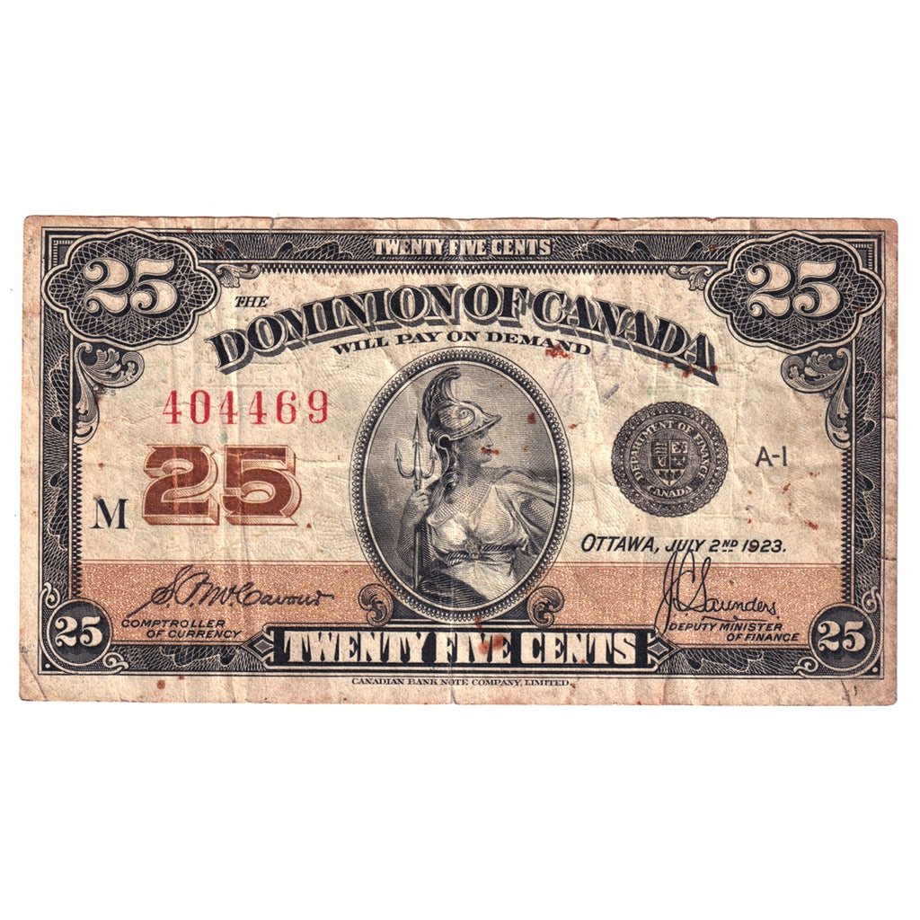 DC-24c 1923 Dominion 25-cent Shinplaster Very Fine (VF20) Tear, Writing or Impaired