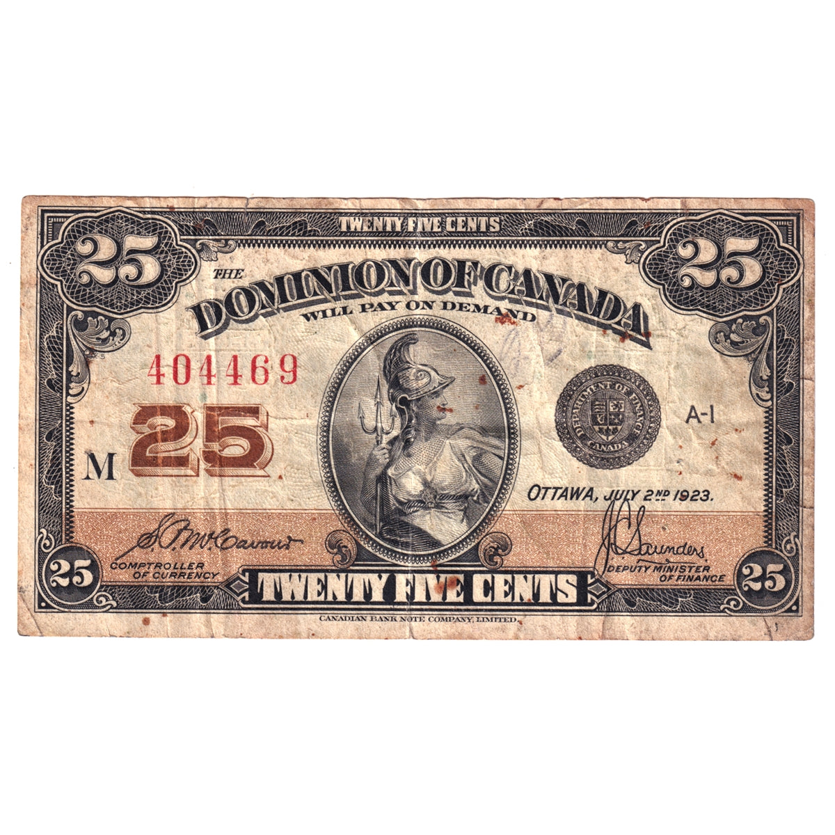 DC-24c 1923 Dominion 25-cent Shinplaster Very Fine (VF20) Tear, Writing or Impaired