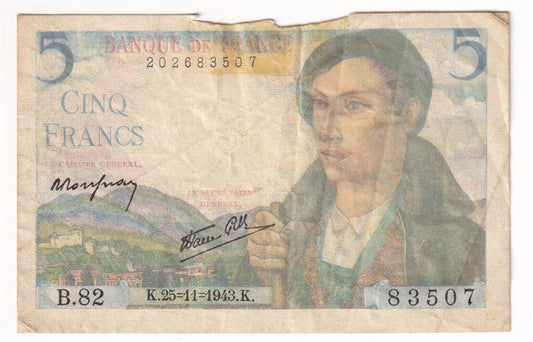 France Note 1943 5 Francs, EF (dam'g)