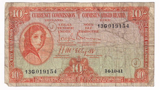 Ireland Note 1940-41 10 Shillings, F (holes)
