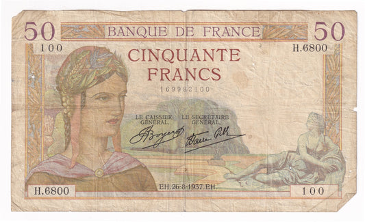 France Note 1937 50 Francs, F (damaged)