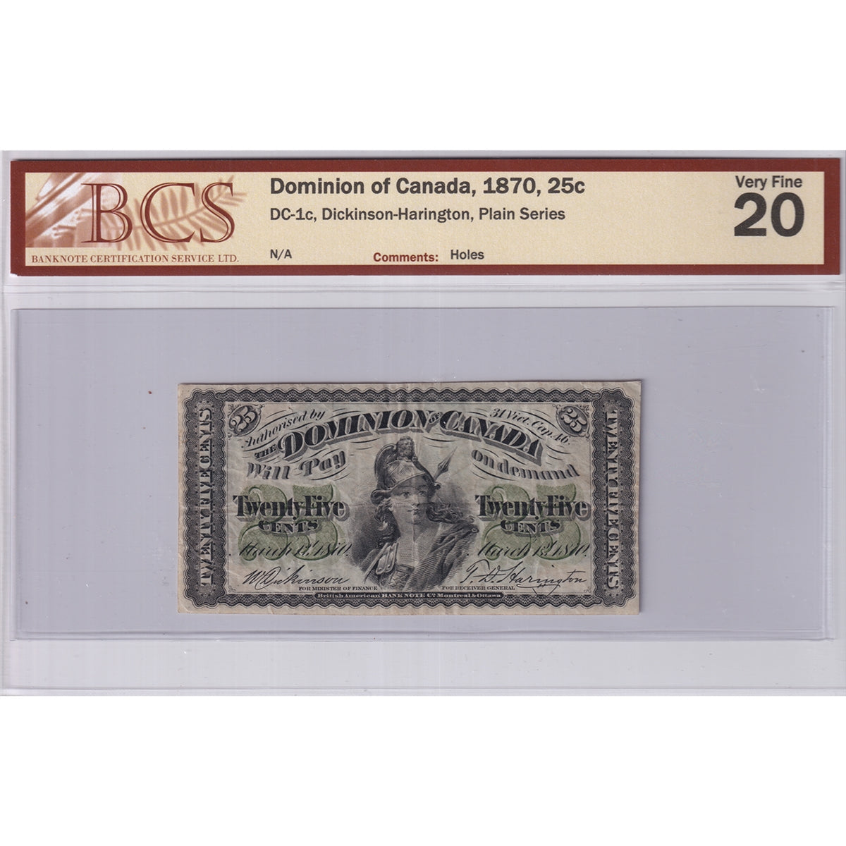 Shinplaster Coin DC-1c 1870 Dominion 25-cent Shinplaster, D-H Plain Series, BCS Certifi ...