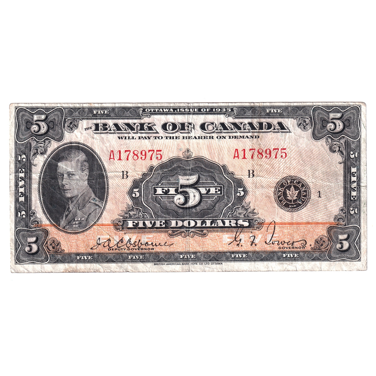 BC-5 1935 Canada $5 Osborne-Towers, English, F-VF