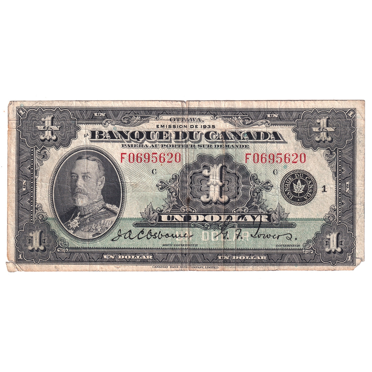 BC-2 1935 Canada $1 Osborne-Towers, French, F (Dam'g)