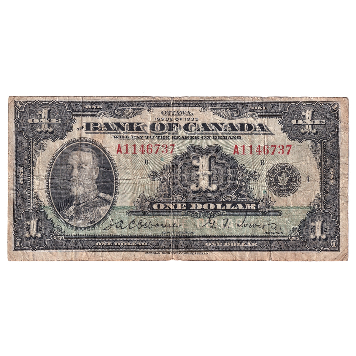BC-1 1935 Canada $1 Osborne-Towers, English, Series A, VG-F