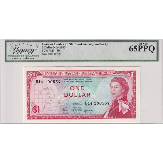 Eastern Caribbean States Note, 1965 1 Dollar, Pick #13b, Legacy Certified GUNC-65 PPQ