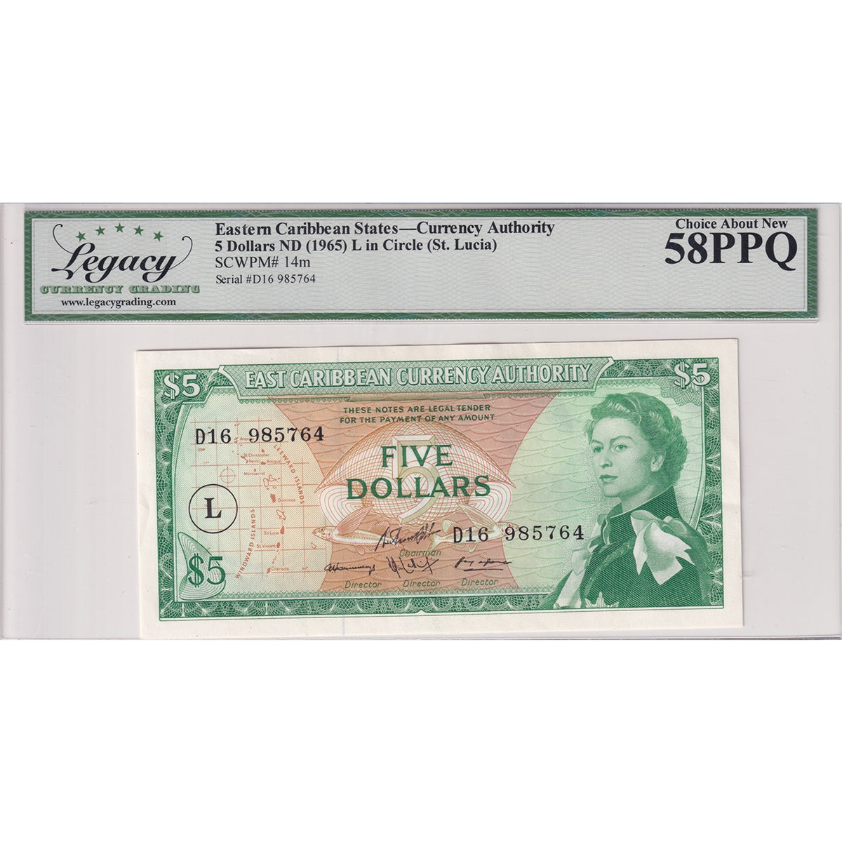 Eastern Caribbean States Note, 1965 5 Dollars, St. Lucia, Pick #14m, Legacy Cert AU-58