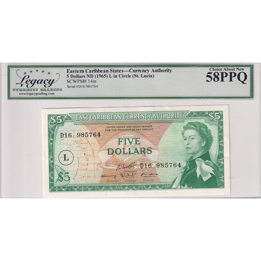 Eastern Caribbean States Note, 1965 5 Dollars, St. Lucia, Pick #14m, Legacy Cert AU-58