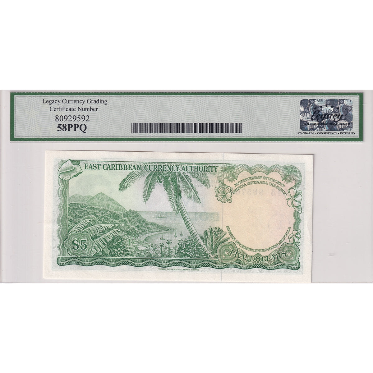 Eastern Caribbean States Note, 1965 5 Dollars, St. Lucia, Pick #14m, Legacy Cert AU-58