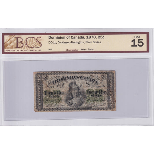 DC-1c 1870 Dominion 25-cent Shinplaster, Plain, BCS Certified F15 (Holes, Stain)