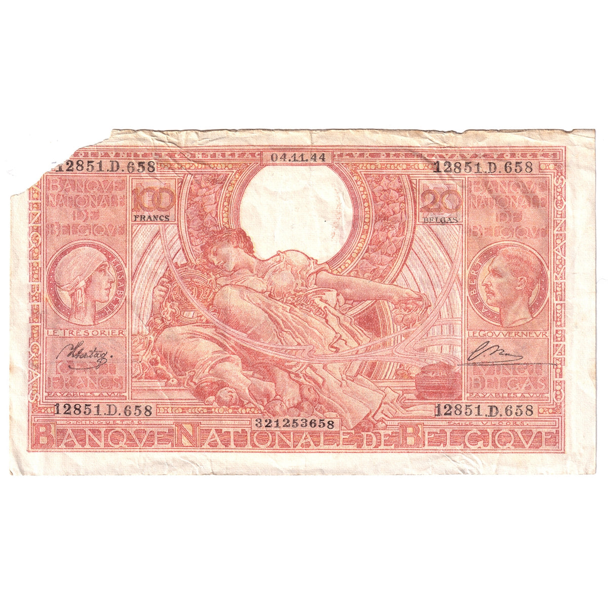 Belgium Note 1944 100 Francs, EF (damaged - missing corner)