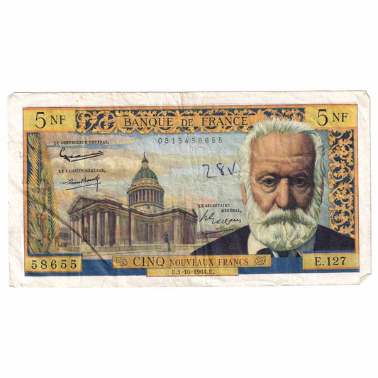 France Note 1964 5 Nouveaux Francs VF (damaged)
