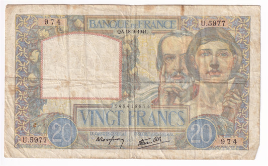 France Note, 1941 20 Francs, Fine (F12) Holes