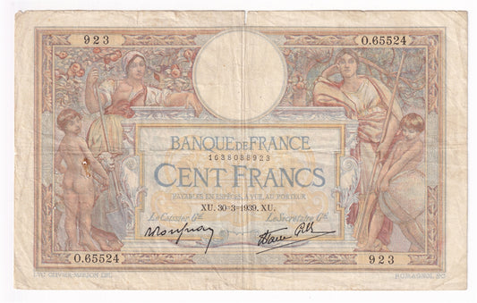 France Note 1939 100 Francs, F-VF (dam'g)