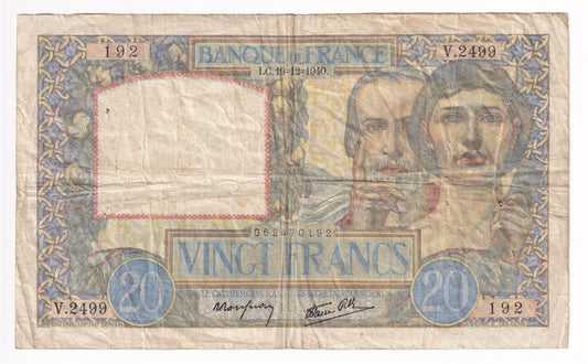 France Note, 1940 20 Francs, F (holes)
