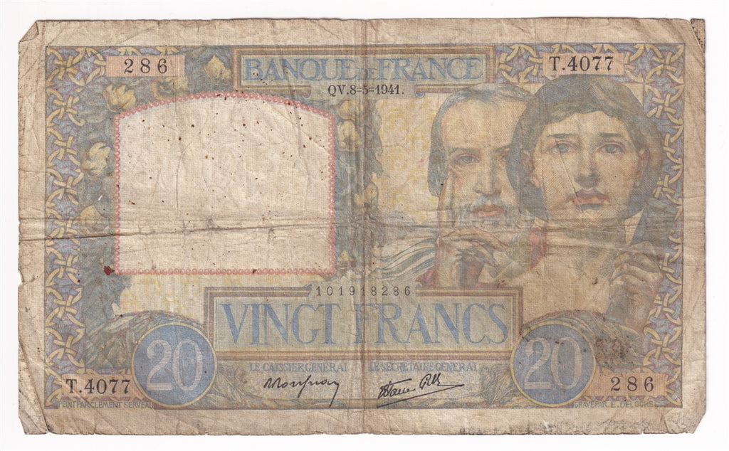 France Note 1941 20 Francs, VG (damaged)