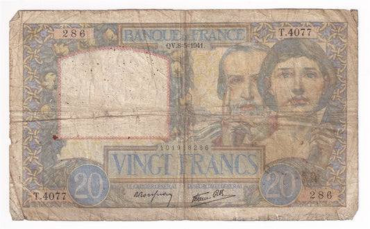 France Note 1941 20 Francs, VG (damaged)