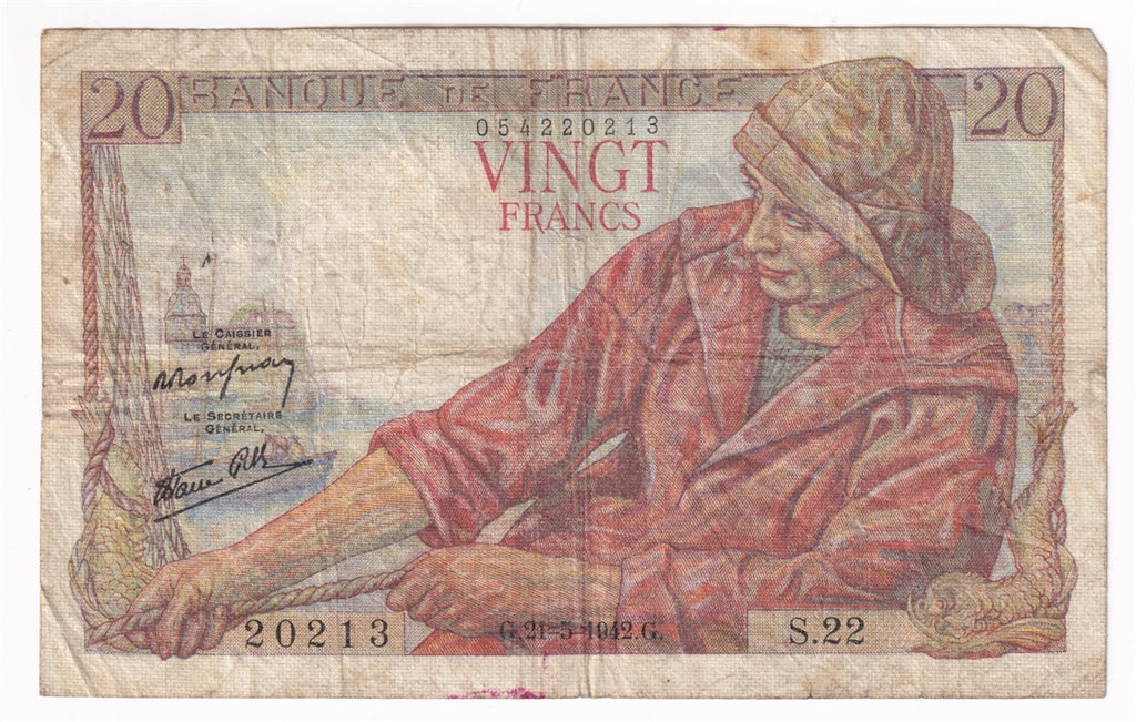 France Note, 1942 20 Francs, F (holes)
