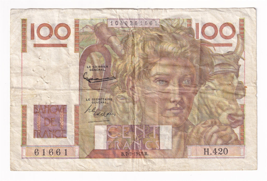 France Note 1952 100 Francs, VF (Holes)