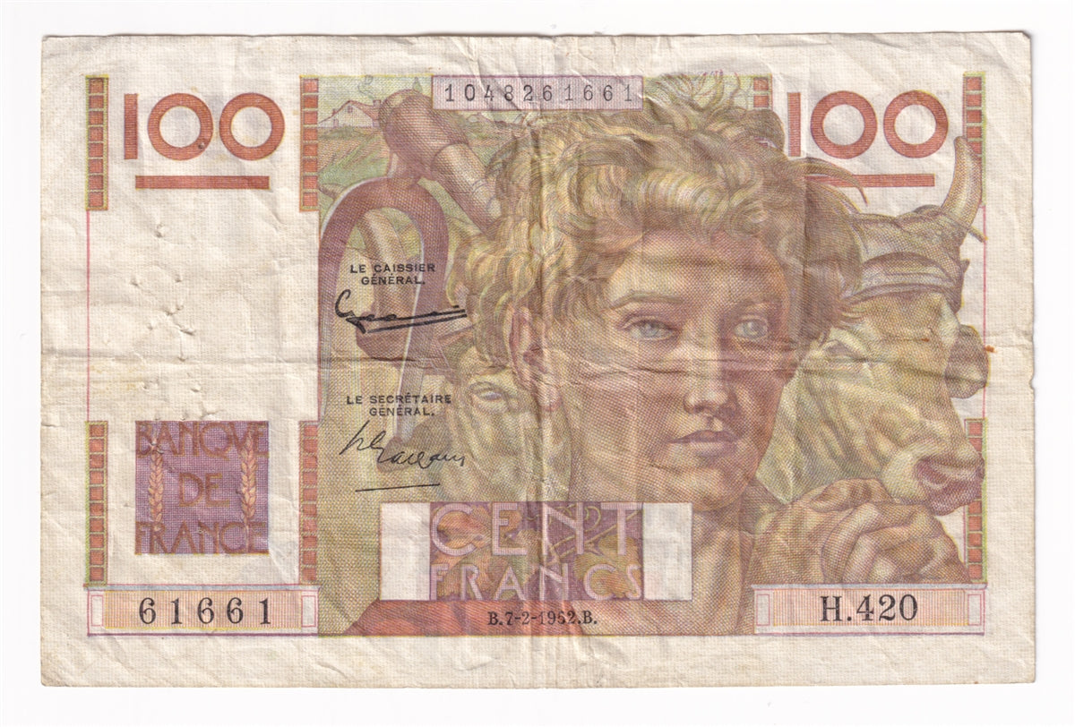France Note 1952 100 Francs, VF (Holes)