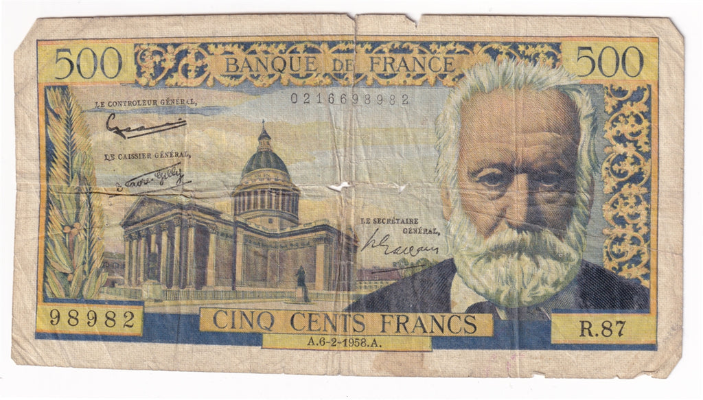 France Note 1958 500 Francs, VG (Damaged)