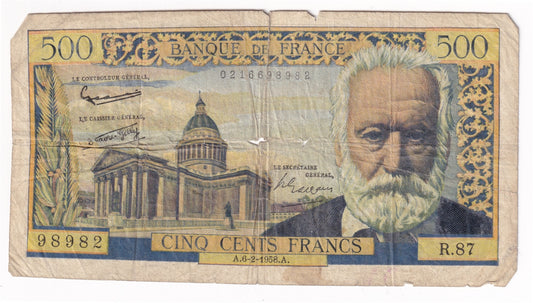 France Note 1958 500 Francs, VG (Damaged)