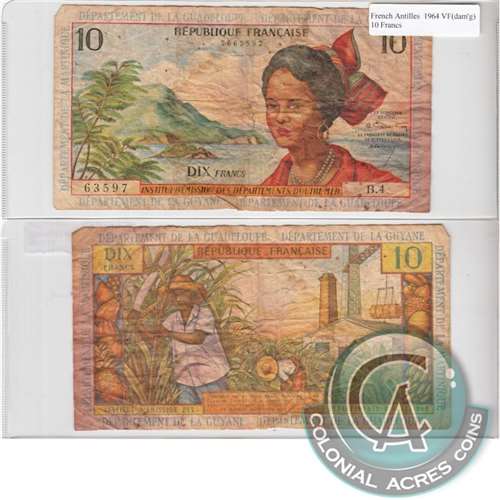 French Antilles Note 1964 10 Francs, VF (Damaged)