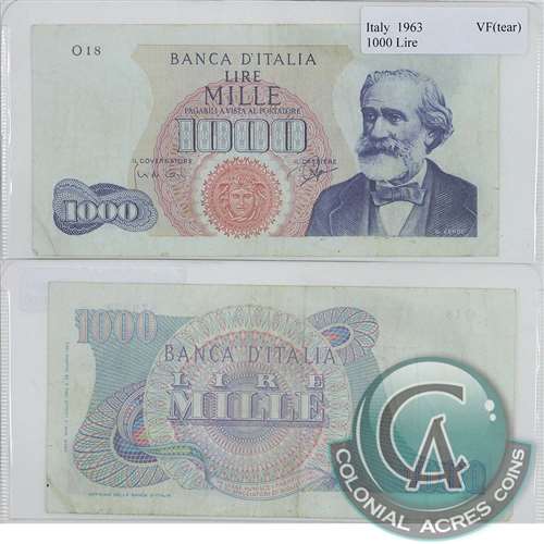Italy Note 1963 1000 Lire, VF (Tear)
