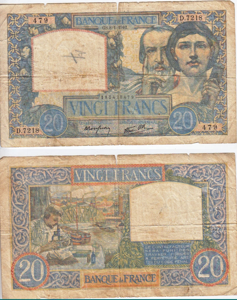 France Note 1942 20 Francs, F (dam'g)