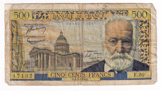 France Note, 1954 500 Francs, Fine (F12) Holes or Damaged