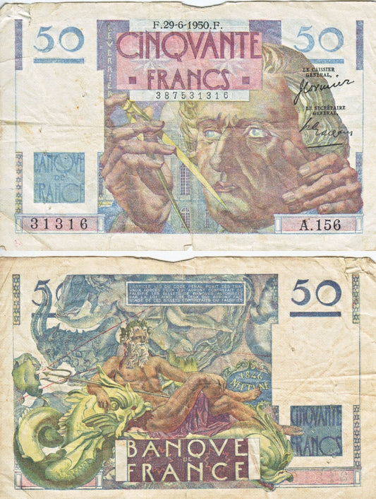 France Note 1950 50 Francs, VF (dam'g)