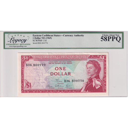 East Caribbean States 1965 1 Dollar Note, Pick #13d, Legacy Certified AU-58 PPQ