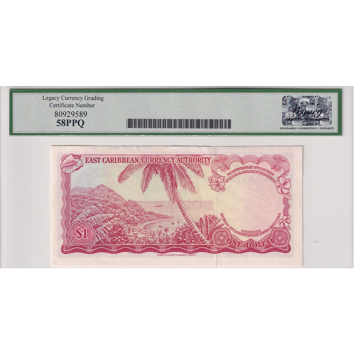 East Caribbean States 1965 1 Dollar Note, Pick #13d, Legacy Certified AU-58 PPQ