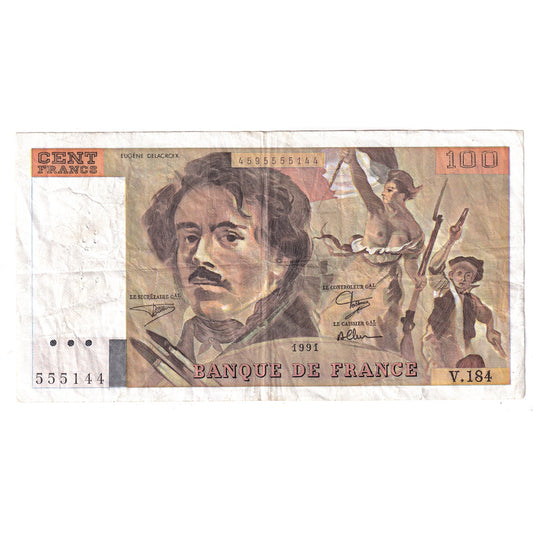France 1991 100 Francs Note, Pick #154f, VF (Holes)
