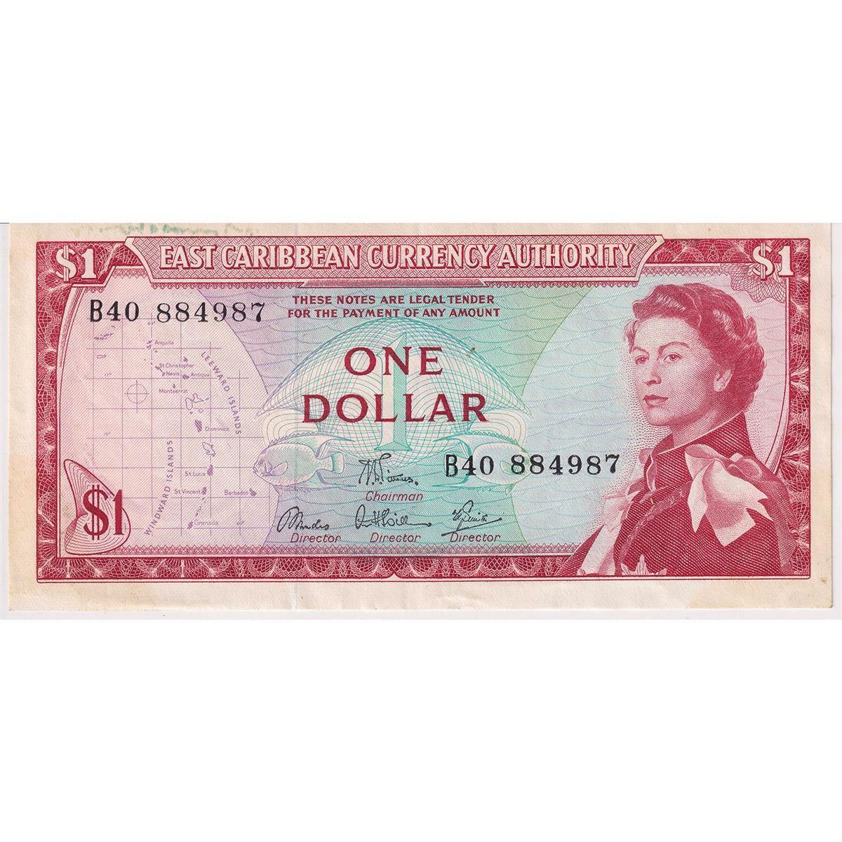 East Caribbean States 1965 1 Dollar Note, Pick #13d, Signature 6, AU